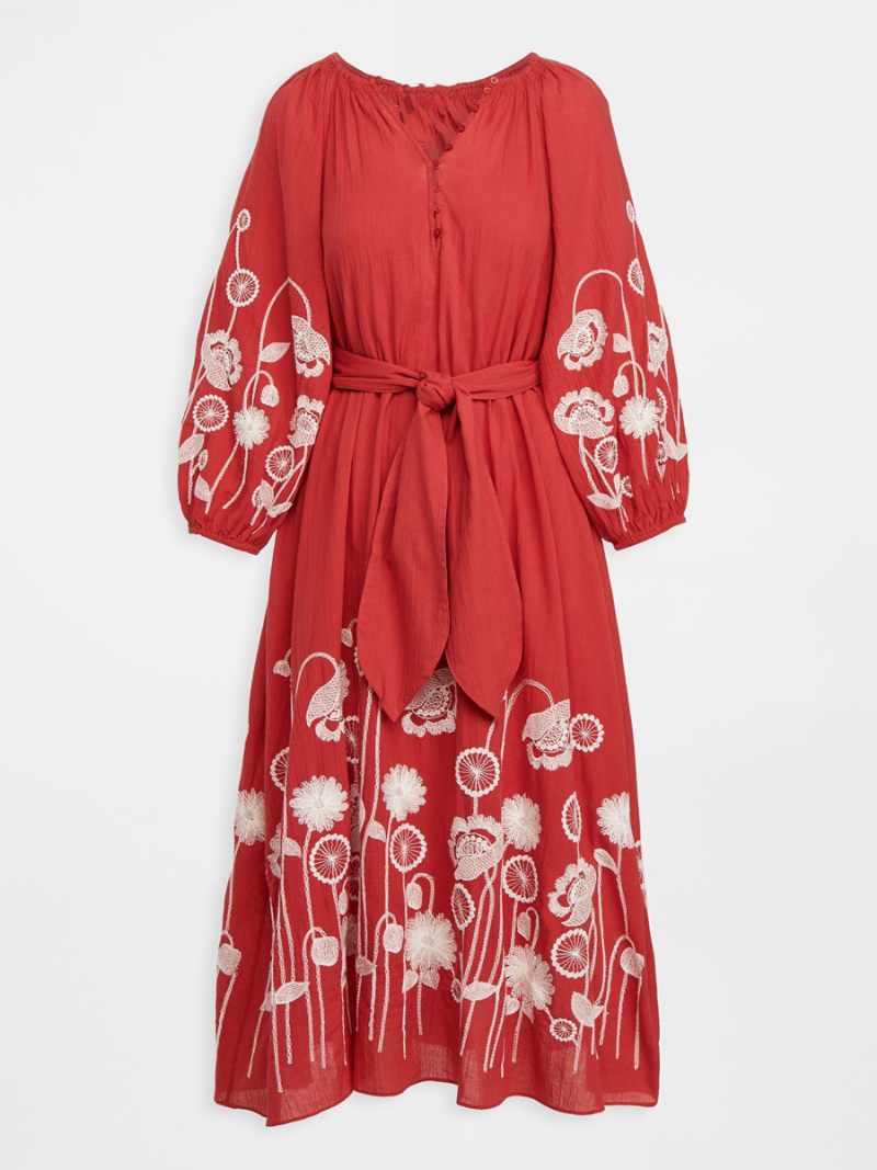 Robe Boho Pour Femmes Col V Manches 3/4. Ceinture D'été - Rouge