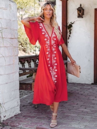 Robe Boho Pour Femmes Col V Manches Courtes Plage Bicolore À Lacets