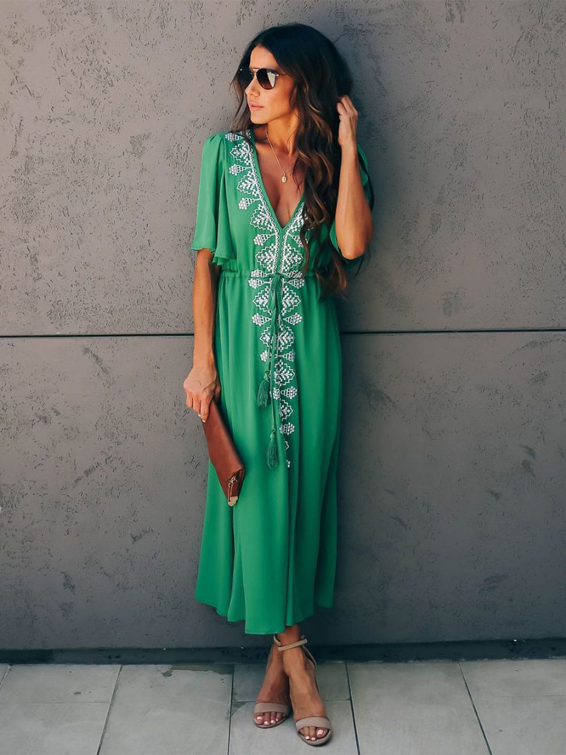 Robe Boho Pour Femmes Col V Manches Courtes Plage Bicolore À Lacets - Vert