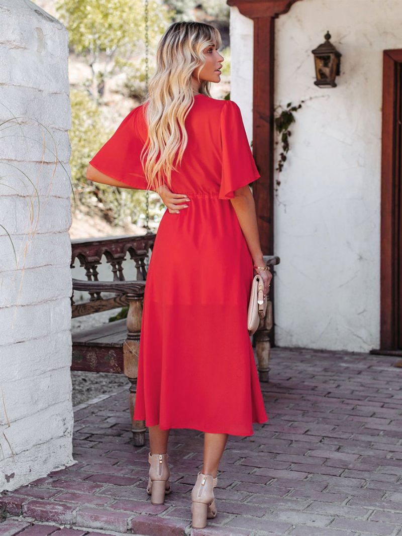 Robe Boho Pour Femmes Col V Manches Courtes Plage Bicolore À Lacets - Rouge