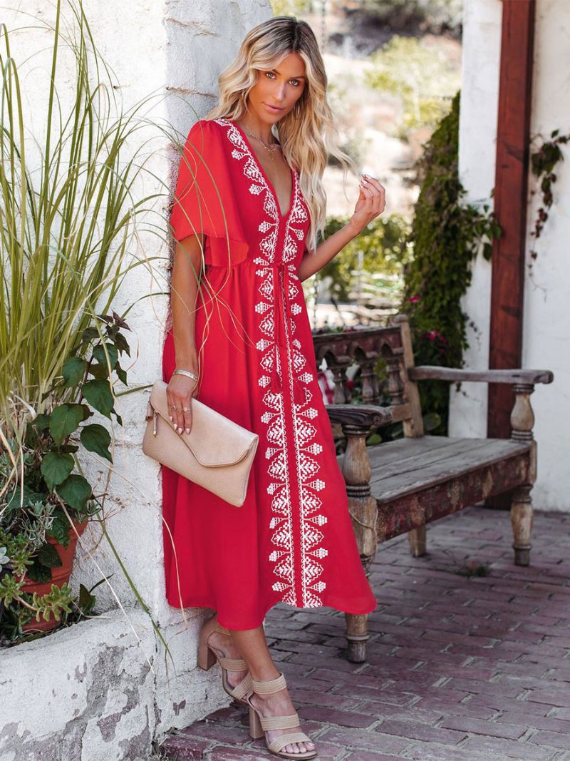 Robe Boho Pour Femmes Col V Manches Courtes Plage Bicolore À Lacets - Rouge