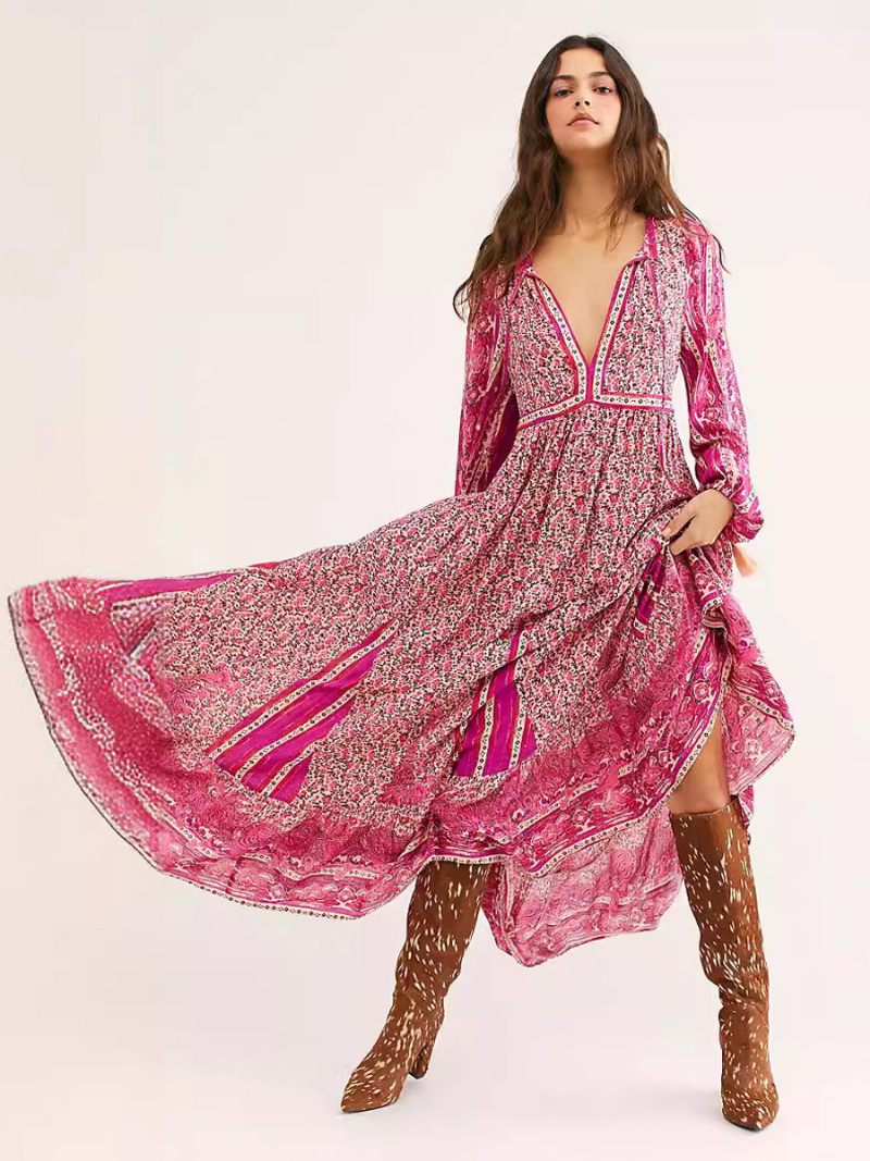 Robe Boho Pour Femmes Col V Manches Longues Imprimé Floral D'été À Lacets - Rose