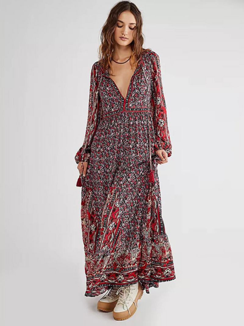 Robe Boho Pour Femmes Col V Manches Longues Imprimé Floral D'été À Lacets - Bourgogne