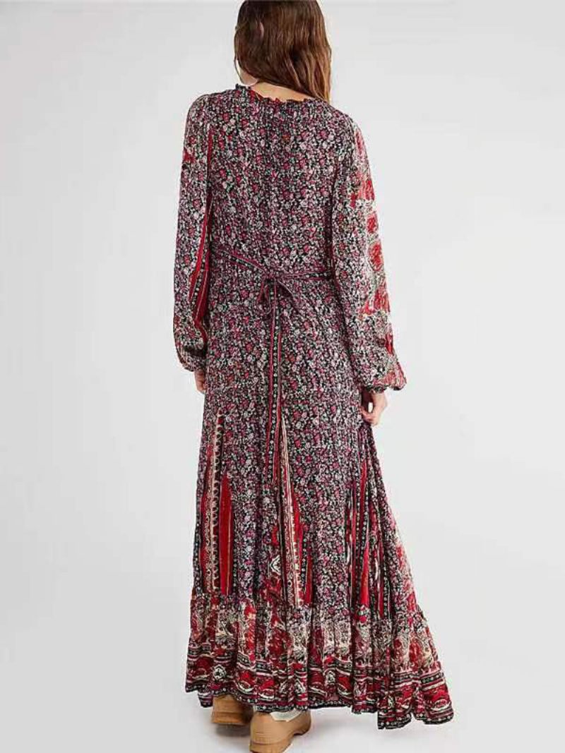 Robe Boho Pour Femmes Col V Manches Longues Imprimé Floral D'été À Lacets - Bourgogne