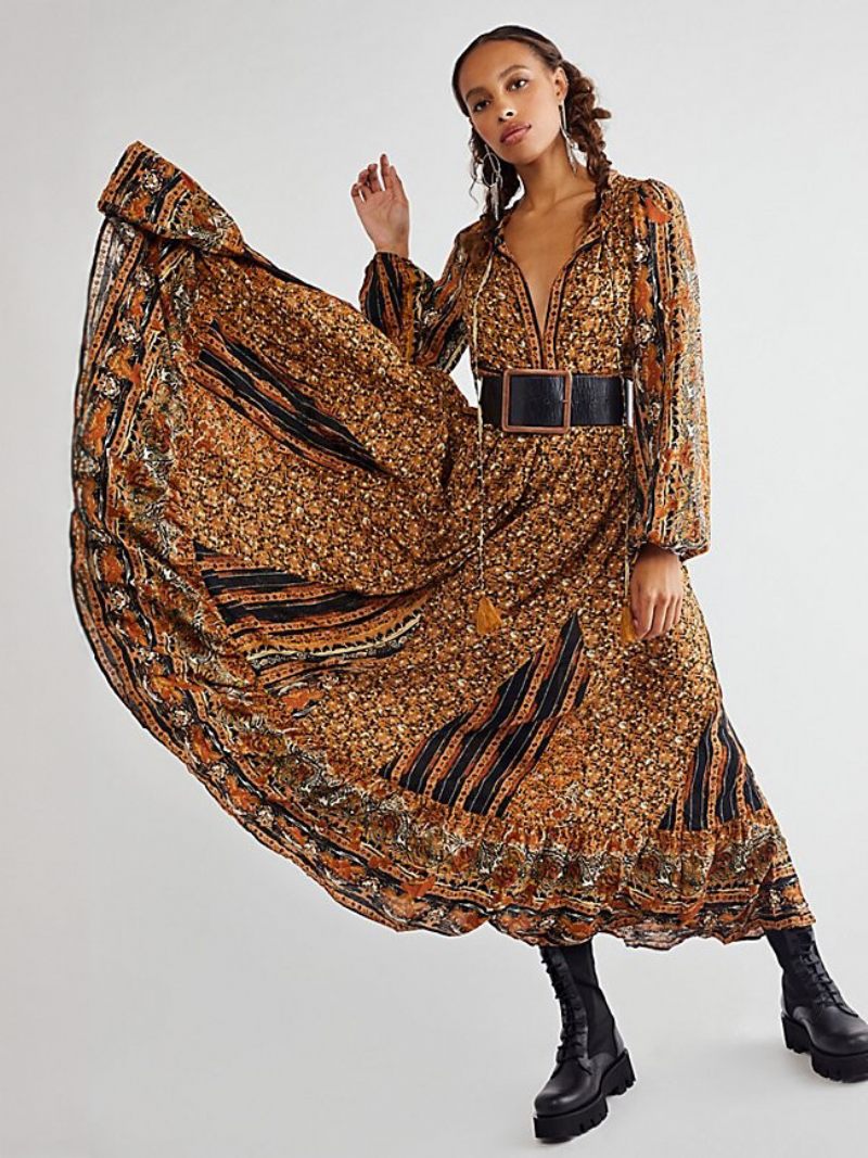 Robe Boho Pour Femmes Col V Manches Longues Imprimé Floral D'été À Lacets - Café Marron