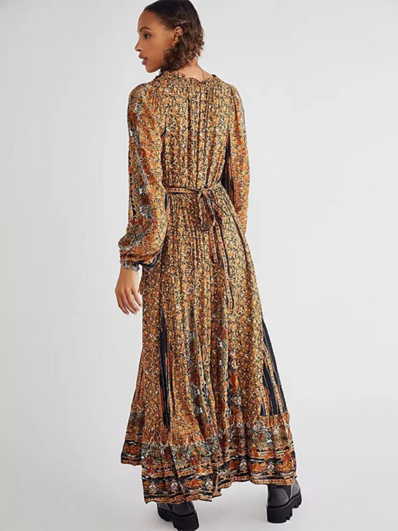 Robe Boho Pour Femmes Col V Manches Longues Imprimé Floral D'été À Lacets - Café Marron