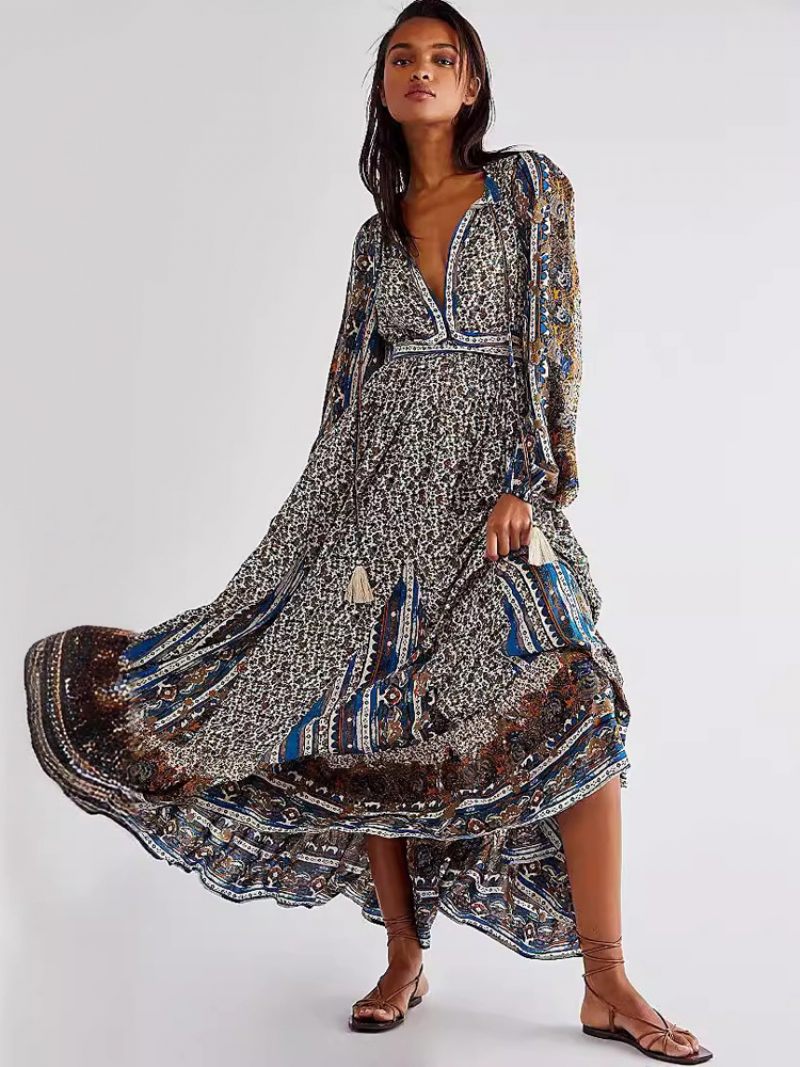 Robe Boho Pour Femmes Col V Manches Longues Imprimé Floral D'été À Lacets - Bleu