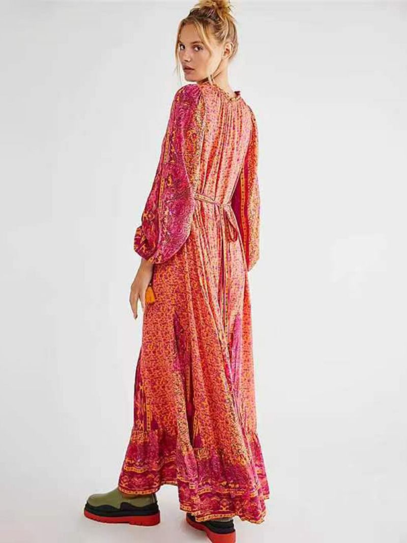 Robe Boho Pour Femmes Col V Manches Longues Imprimé Floral D'été À Lacets - Orange Rouge