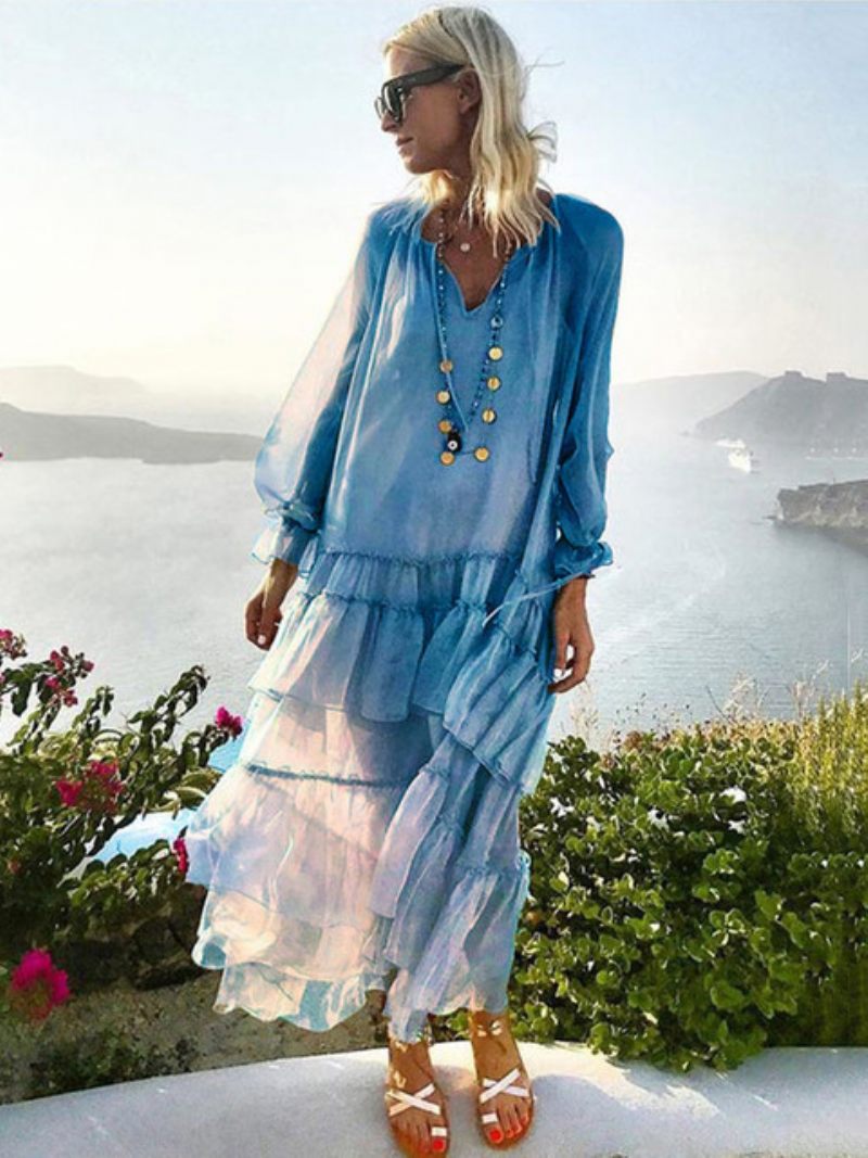 Robe Boho Pour Femmes Col V Manches Longues Plage