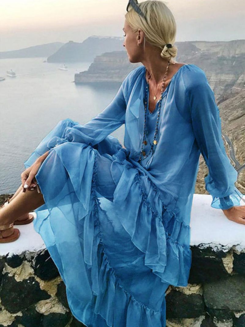 Robe Boho Pour Femmes Col V Manches Longues Plage - Bleu