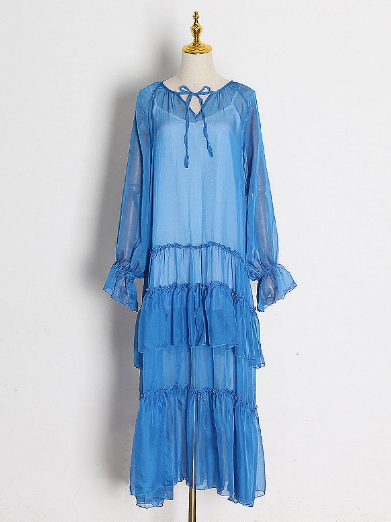 Robe Boho Pour Femmes Col V Manches Longues Plage - Bleu