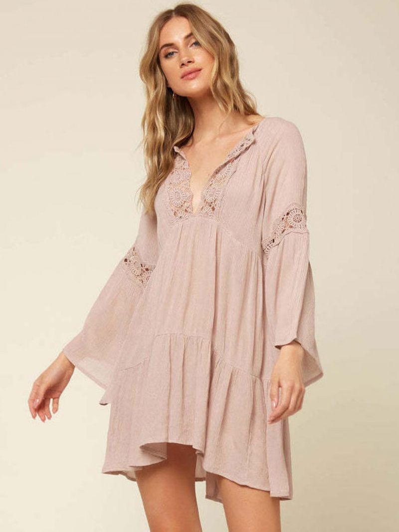 Robe Boho Pour Femmes Col V Manches Longues Surdimensionnée D'été Découpée - Rose Clair