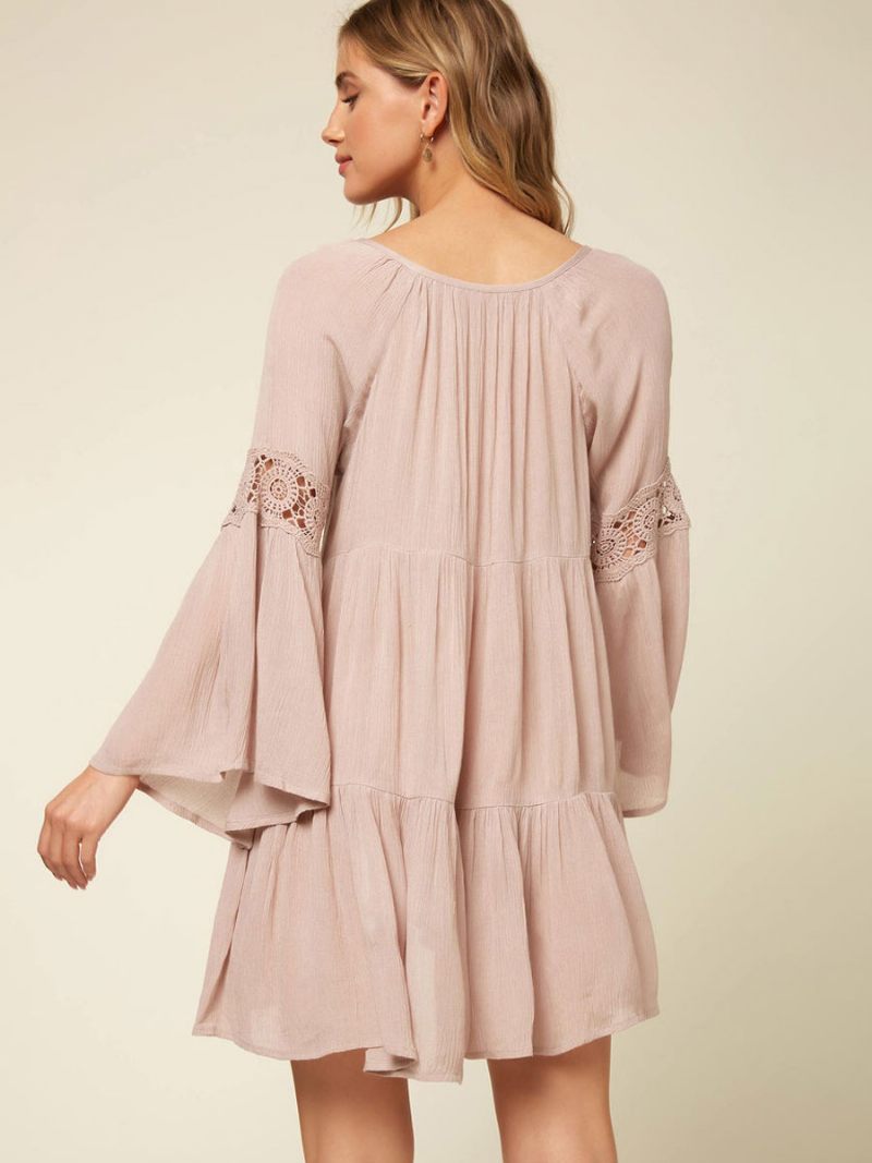 Robe Boho Pour Femmes Col V Manches Longues Surdimensionnée D'été Découpée - Rose Clair