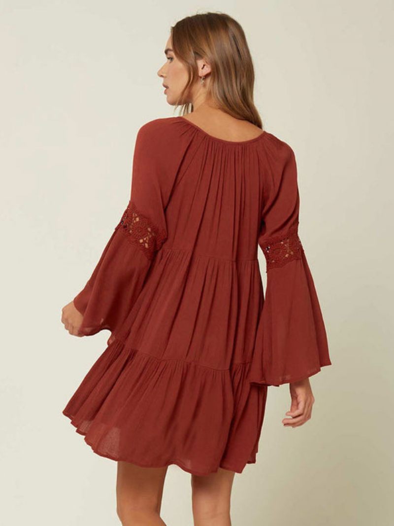 Robe Boho Pour Femmes Col V Manches Longues Surdimensionnée D'été Découpée - Bourgogne