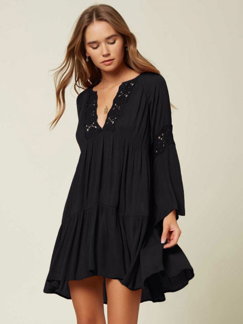 Robe Boho Pour Femmes Col V Manches Longues Surdimensionnée D'été Découpée - Noir