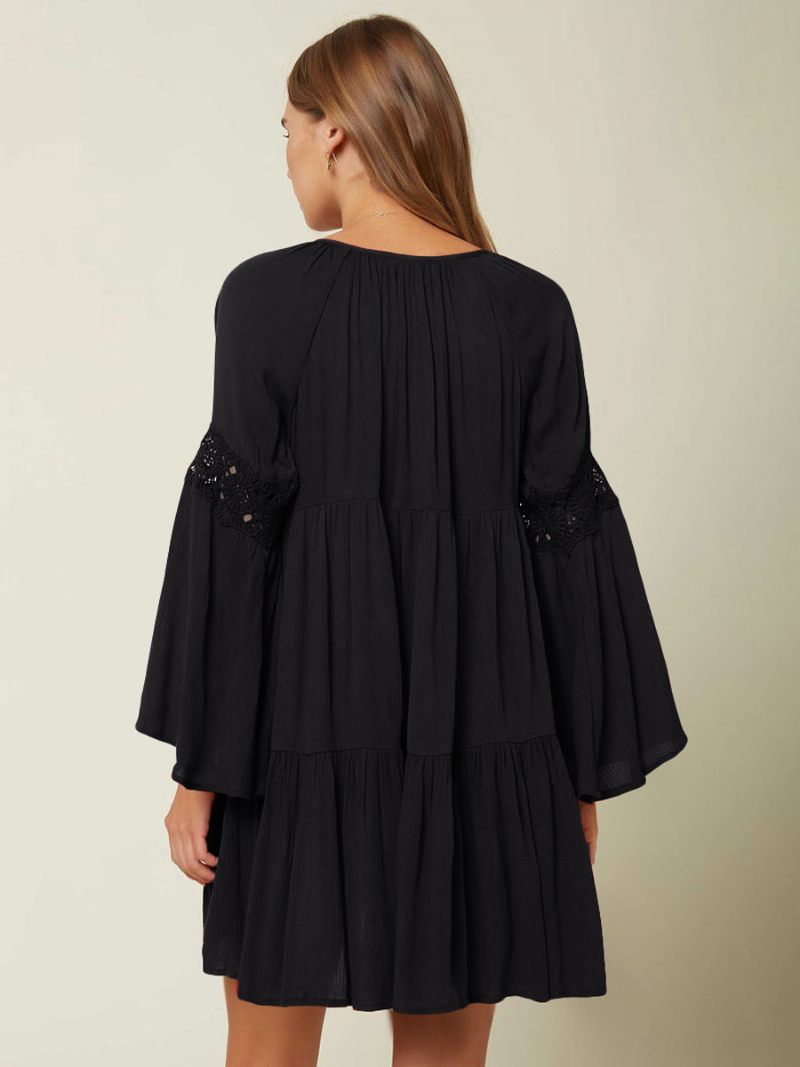 Robe Boho Pour Femmes Col V Manches Longues Surdimensionnée D'été Découpée - Noir