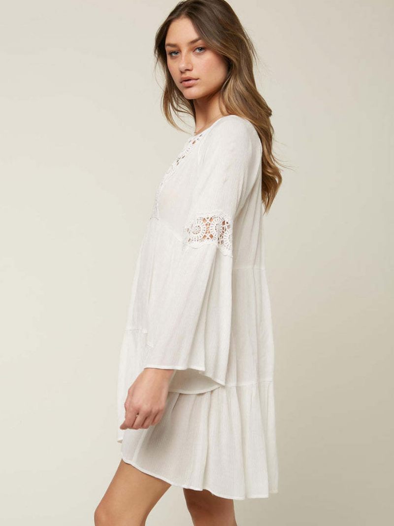 Robe Boho Pour Femmes Col V Manches Longues Surdimensionnée D'été Découpée - Blanc