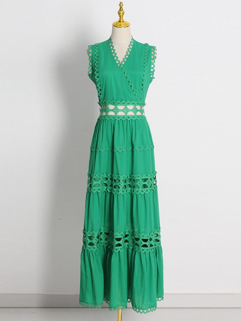 Robe Boho Pour Femmes Col V Sans Manches Superposée Découpée Plage - Vert