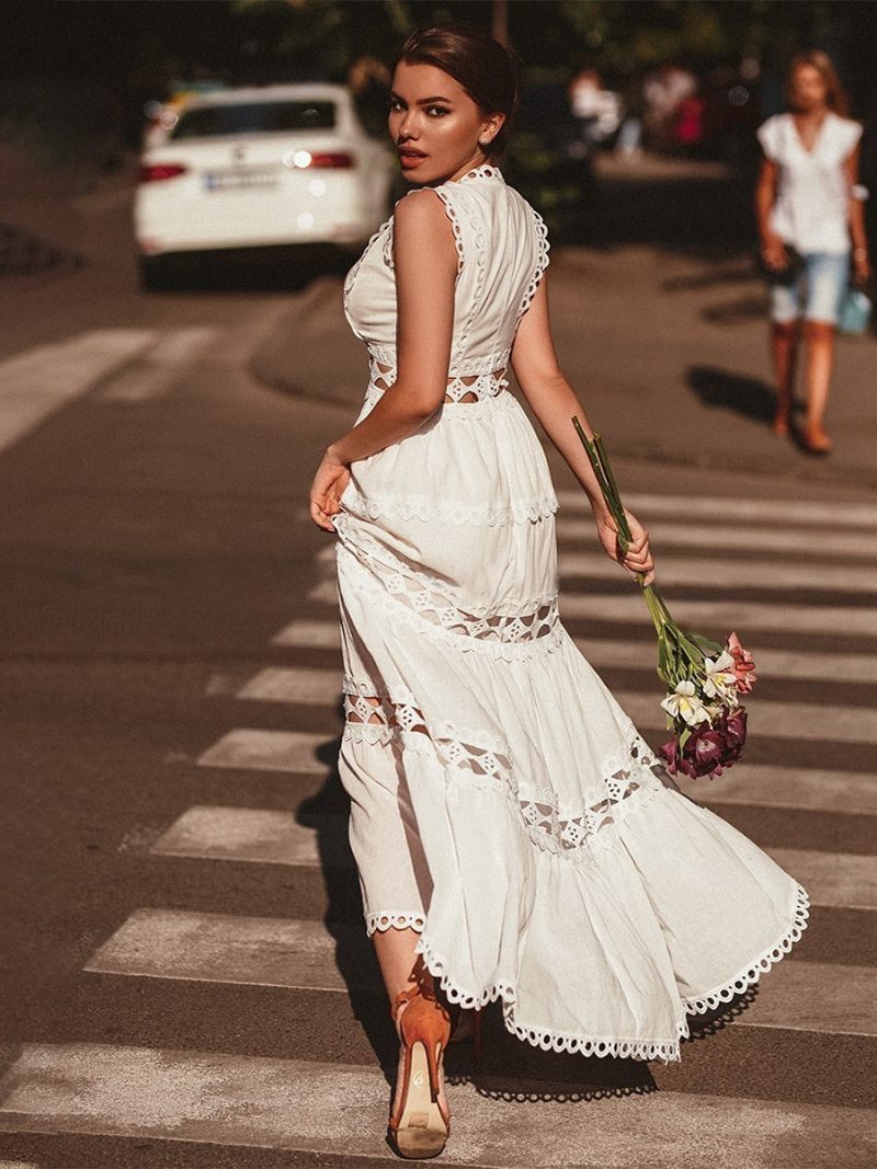 Robe Boho Pour Femmes Col V Sans Manches Superposée Découpée Plage - Blanc