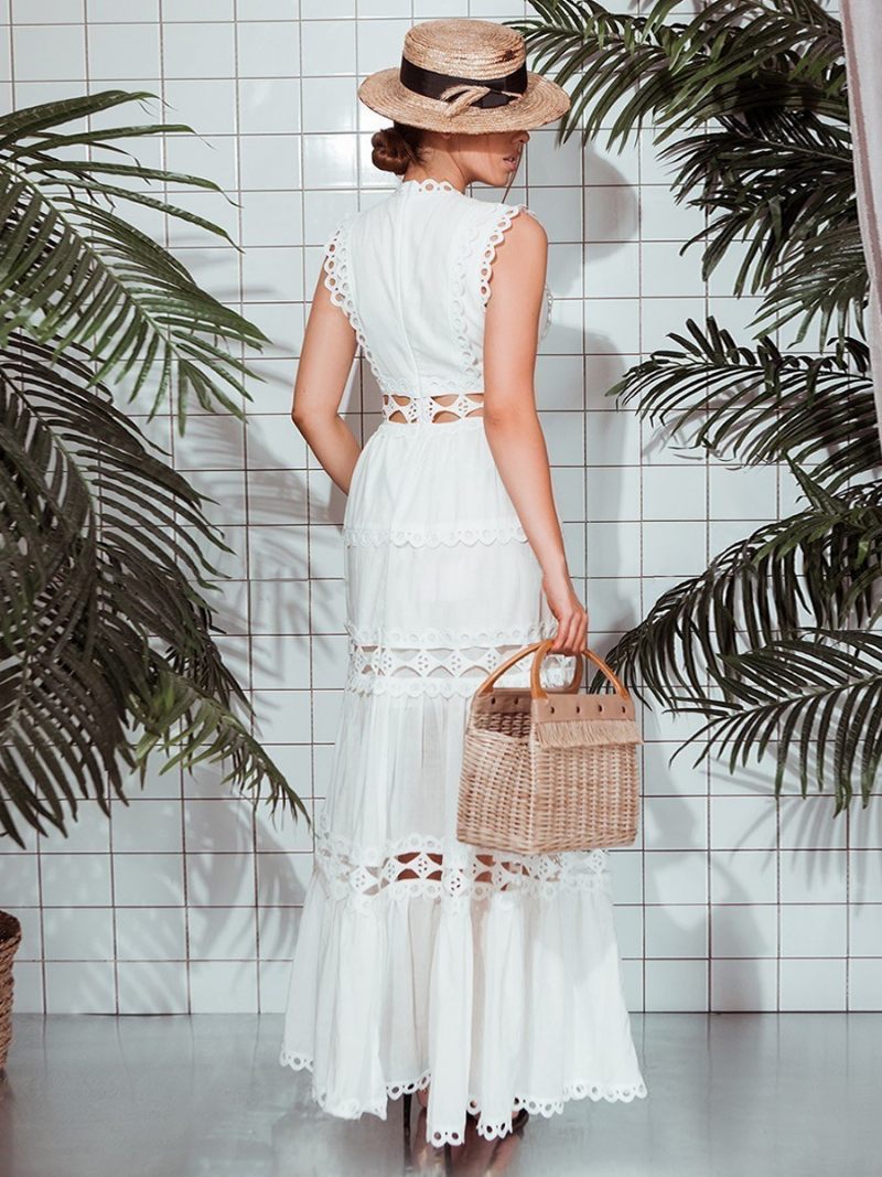 Robe Boho Pour Femmes Col V Sans Manches Superposée Découpée Plage - Blanc