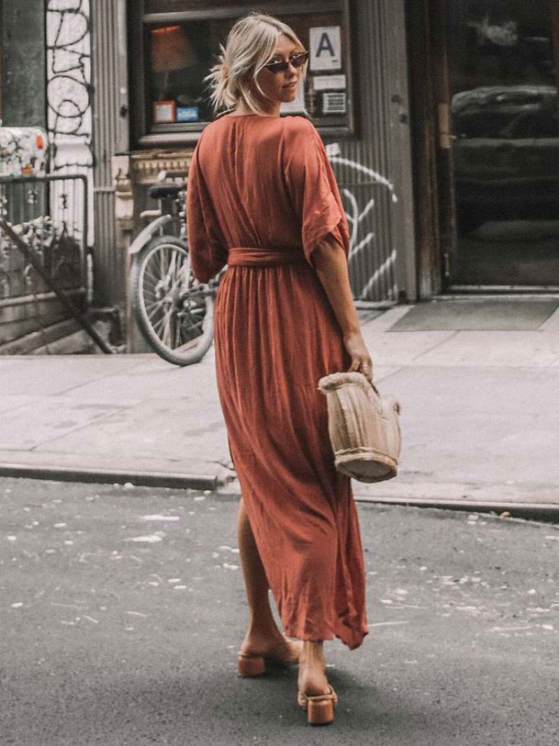 Robe Boho Pour Femmes Décolleté Plongeant Demi-manches Ceinture Robes Longues Plage D'été - Orange Rouge