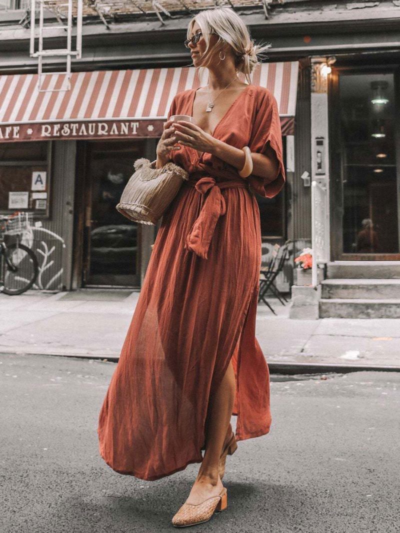 Robe Boho Pour Femmes Décolleté Plongeant Demi-manches Ceinture Robes Longues Plage D'été - Orange Rouge