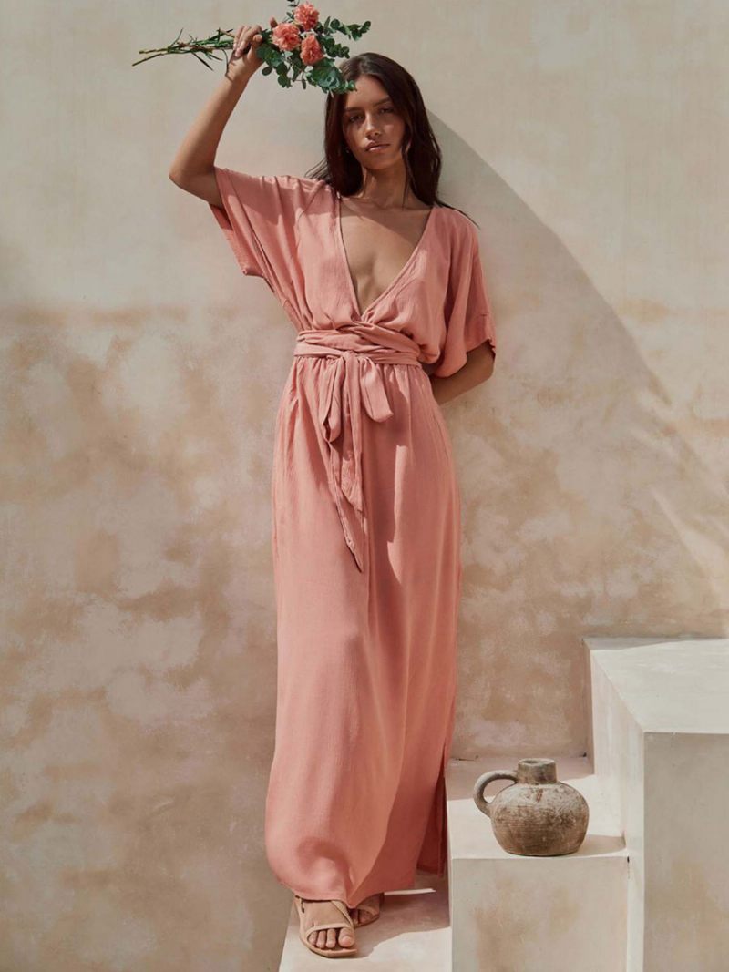 Robe Boho Pour Femmes Décolleté Plongeant Demi-manches Ceinture Robes Longues Plage D'été - Rose