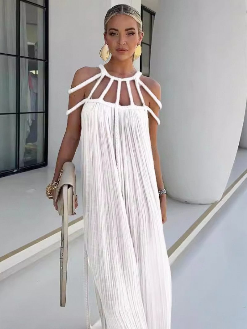 Robe Boho Pour Femmes Encolure Conçue Sans Manches Surdimensionnée Découpée Plage - Blanc