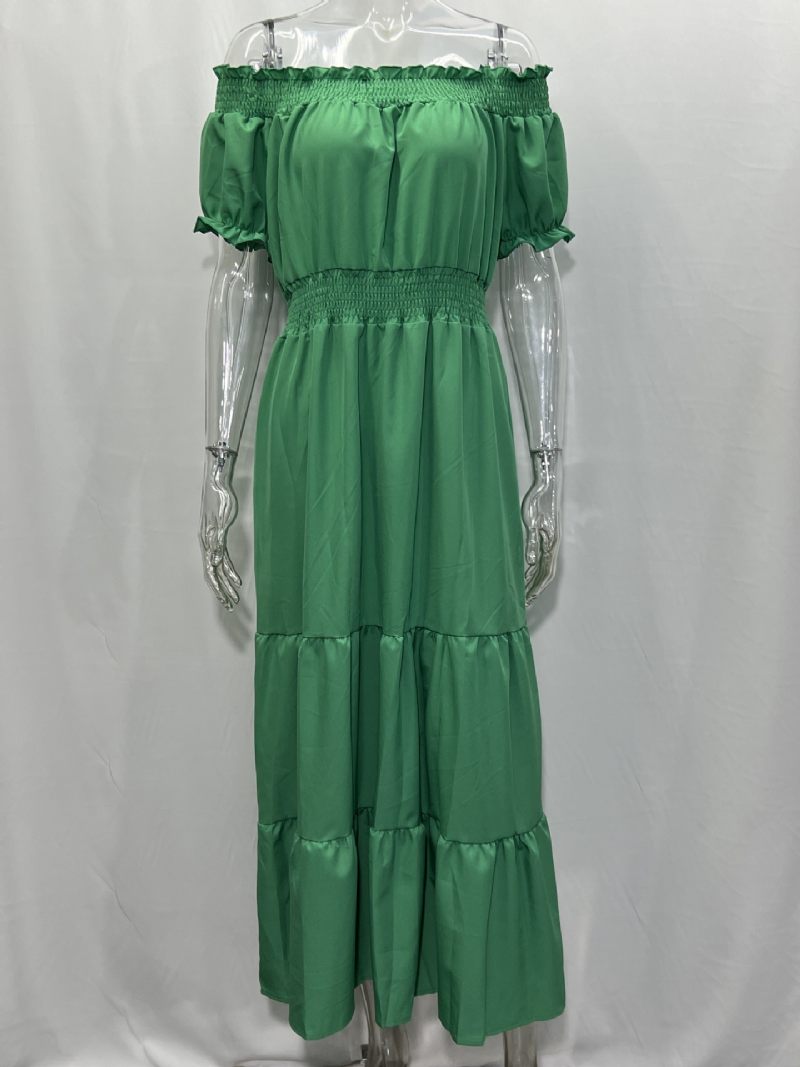 Robe Boho Pour Femmes Épaules Dénudées Plissée À Plusieurs Niveaux Décontractée Robes Longues D'été - Vert