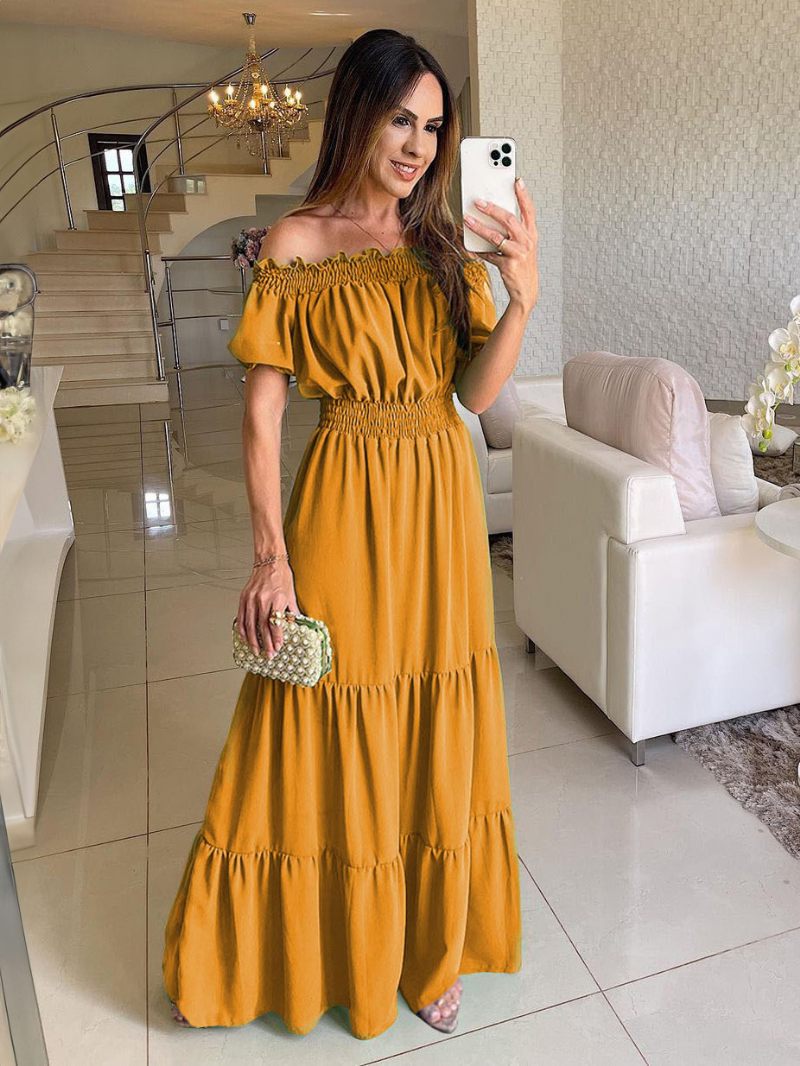 Robe Boho Pour Femmes Épaules Dénudées Plissée À Plusieurs Niveaux Décontractée Robes Longues D'été - Jaune