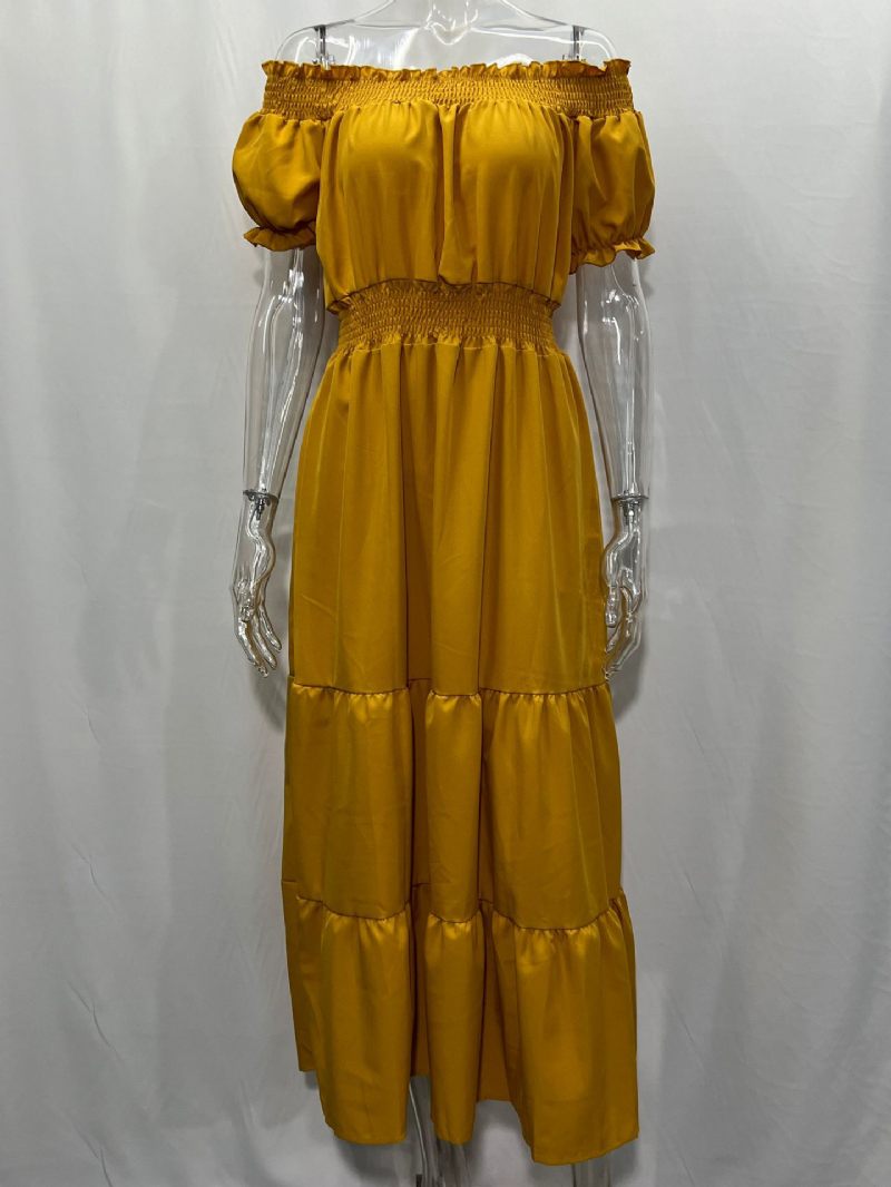 Robe Boho Pour Femmes Épaules Dénudées Plissée À Plusieurs Niveaux Décontractée Robes Longues D'été - Jaune