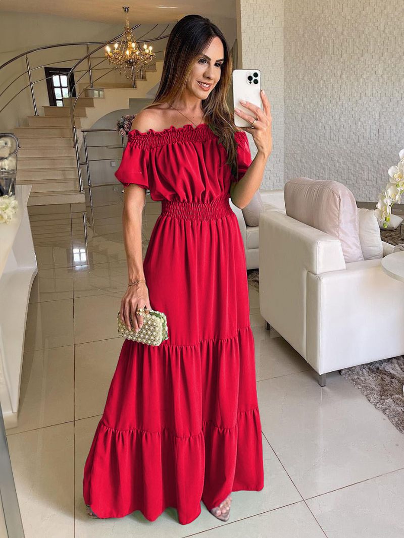 Robe Boho Pour Femmes Épaules Dénudées Plissée À Plusieurs Niveaux Décontractée Robes Longues D'été - Rouge