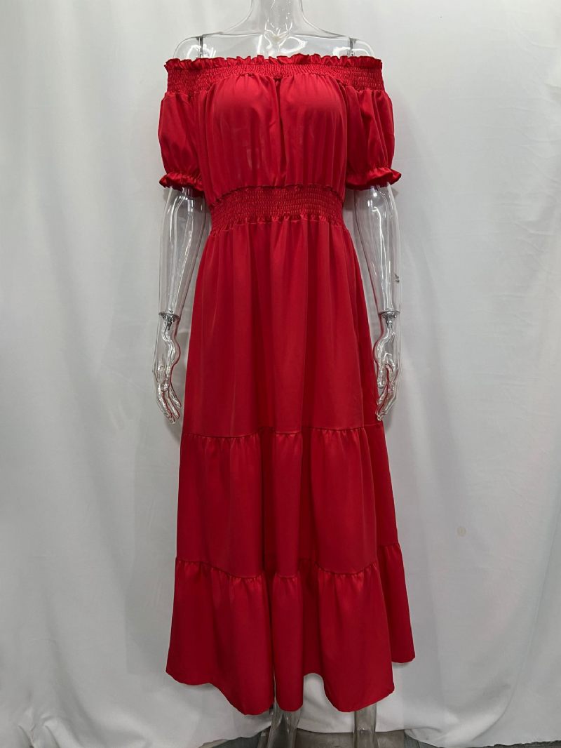 Robe Boho Pour Femmes Épaules Dénudées Plissée À Plusieurs Niveaux Décontractée Robes Longues D'été - Rouge