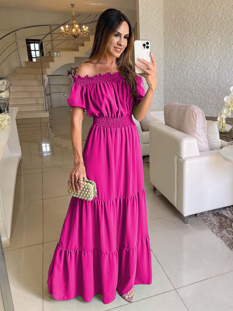 Robe Boho Pour Femmes Épaules Dénudées Plissée À Plusieurs Niveaux Décontractée Robes Longues D'été - Rose