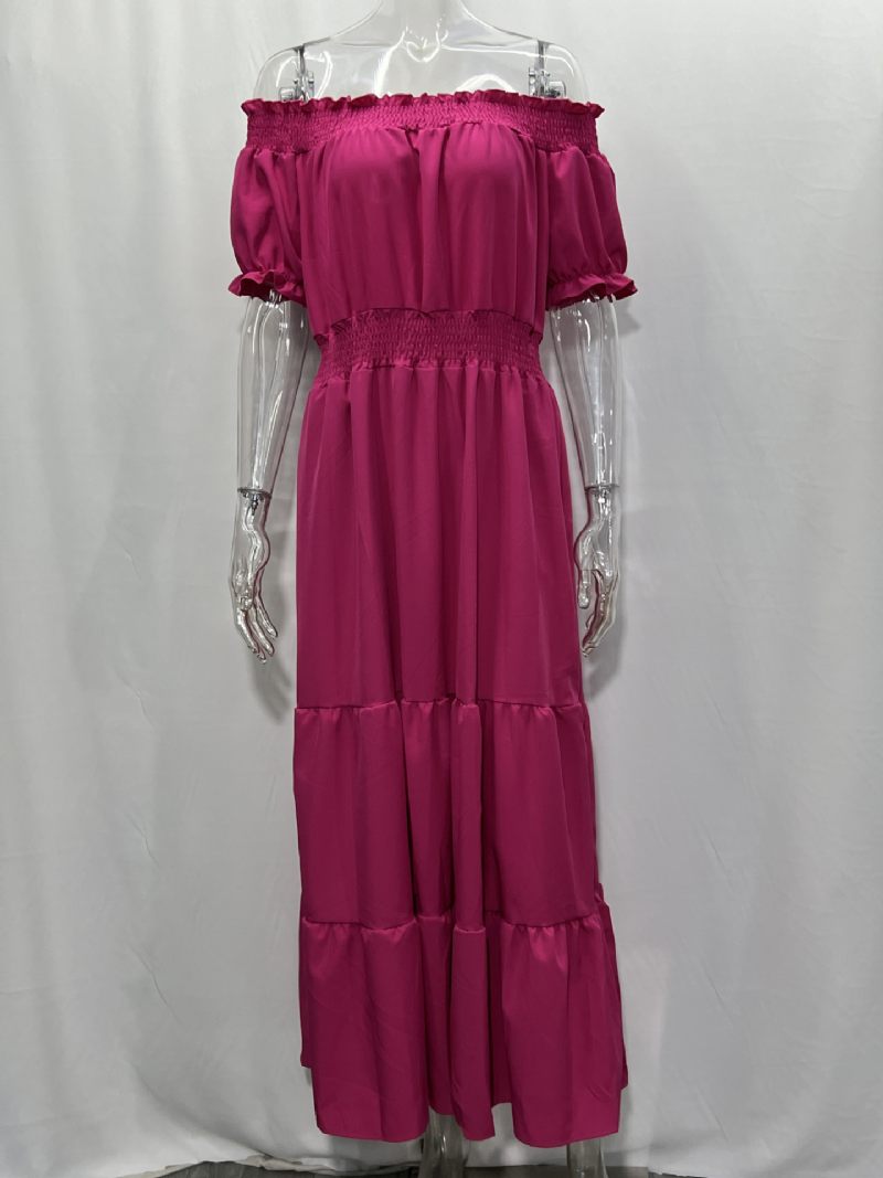 Robe Boho Pour Femmes Épaules Dénudées Plissée À Plusieurs Niveaux Décontractée Robes Longues D'été - Rose