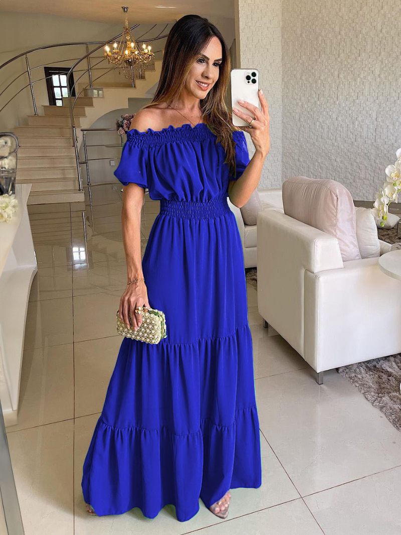 Robe Boho Pour Femmes Épaules Dénudées Plissée À Plusieurs Niveaux Décontractée Robes Longues D'été - Bleu Royal