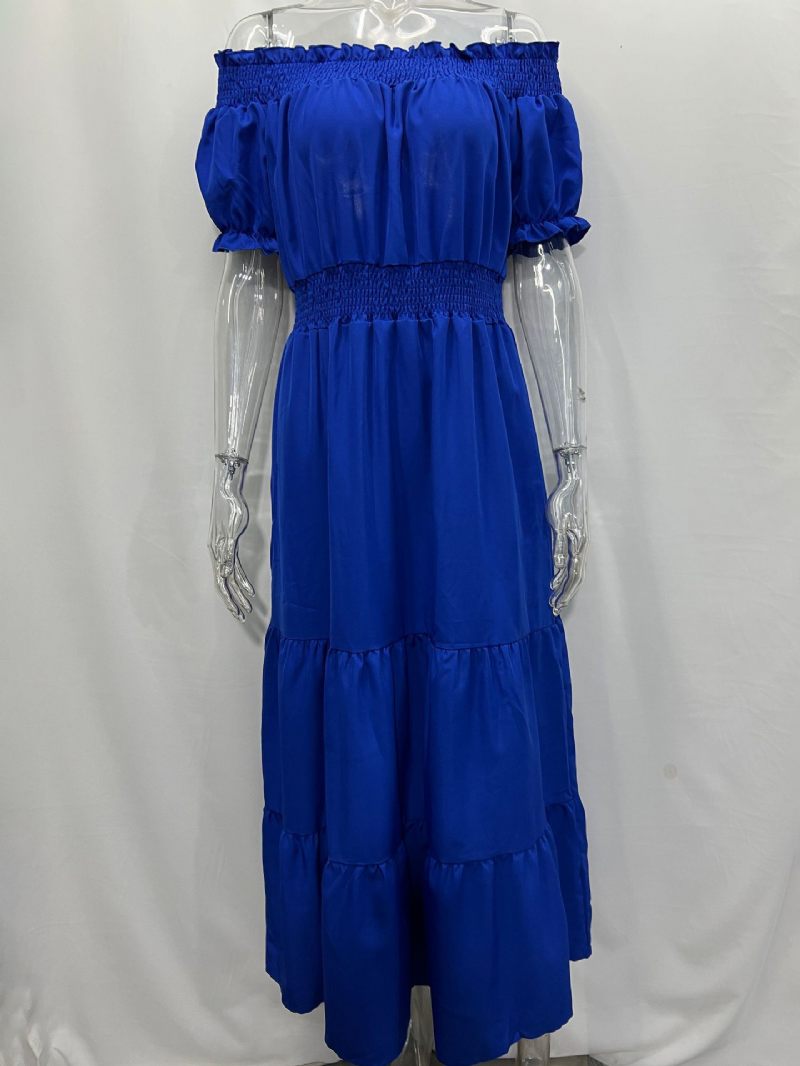 Robe Boho Pour Femmes Épaules Dénudées Plissée À Plusieurs Niveaux Décontractée Robes Longues D'été - Bleu Royal