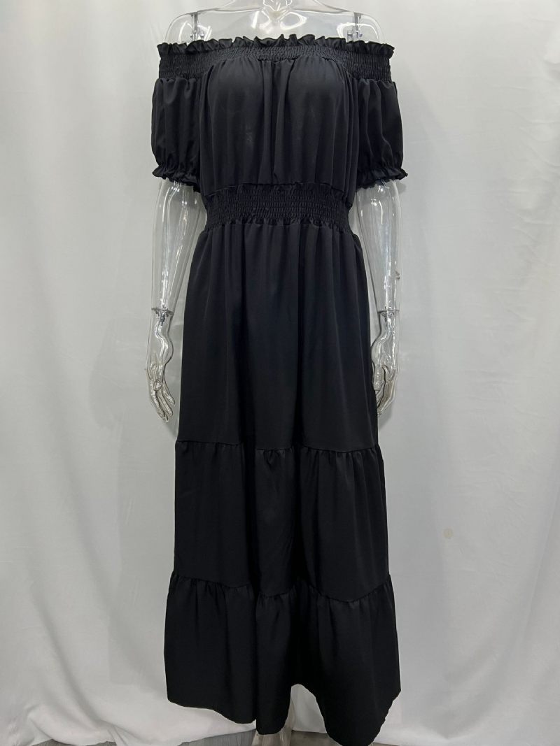 Robe Boho Pour Femmes Épaules Dénudées Plissée À Plusieurs Niveaux Décontractée Robes Longues D'été - Noir