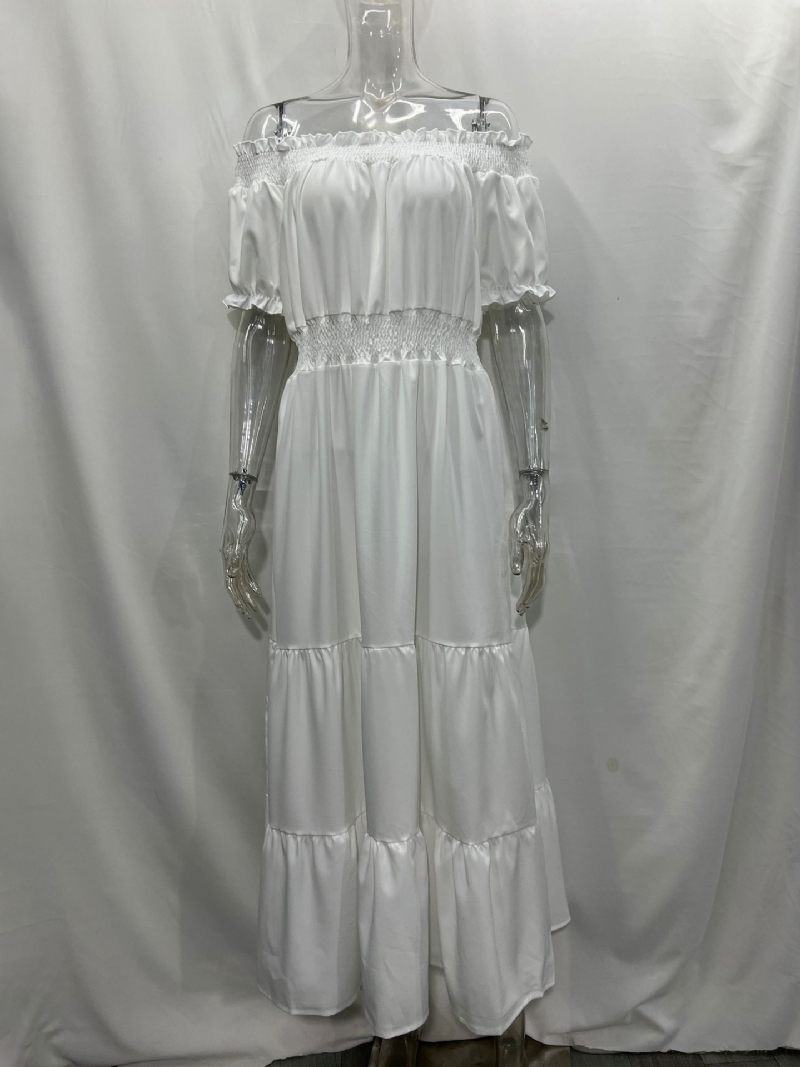 Robe Boho Pour Femmes Épaules Dénudées Plissée À Plusieurs Niveaux Décontractée Robes Longues D'été - Blanc