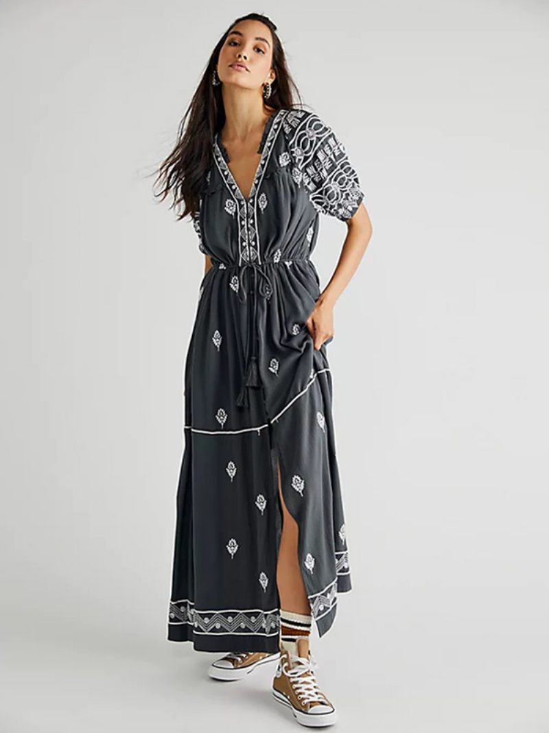 Robe Boho Pour Femmes Imprimé Géométrique Col V Ceinture Fendue Robes Longues Plage D'été