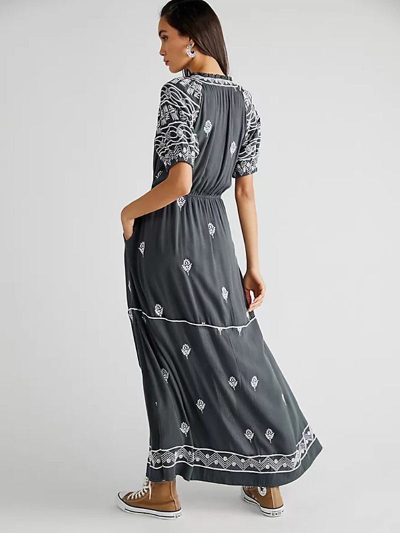 Robe Boho Pour Femmes Imprimé Géométrique Col V Ceinture Fendue Robes Longues Plage D'été - Gris Foncé