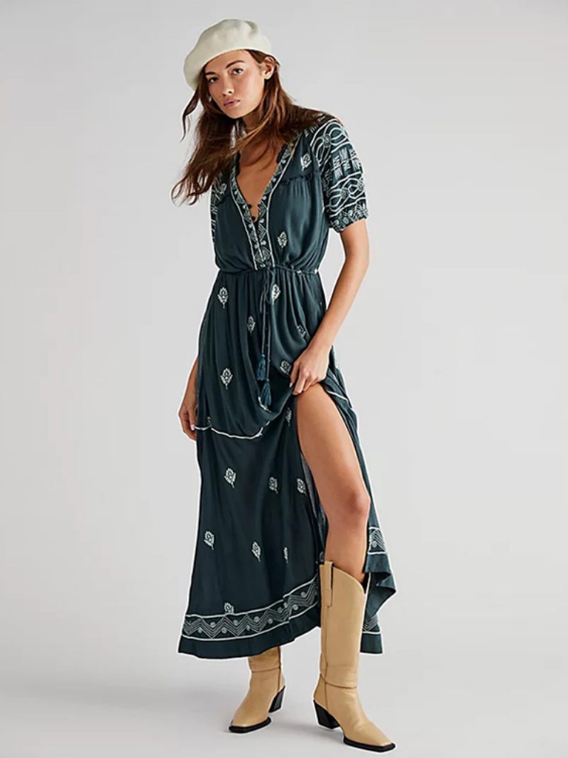 Robe Boho Pour Femmes Imprimé Géométrique Col V Ceinture Fendue Robes Longues Plage D'été - Vert Foncé