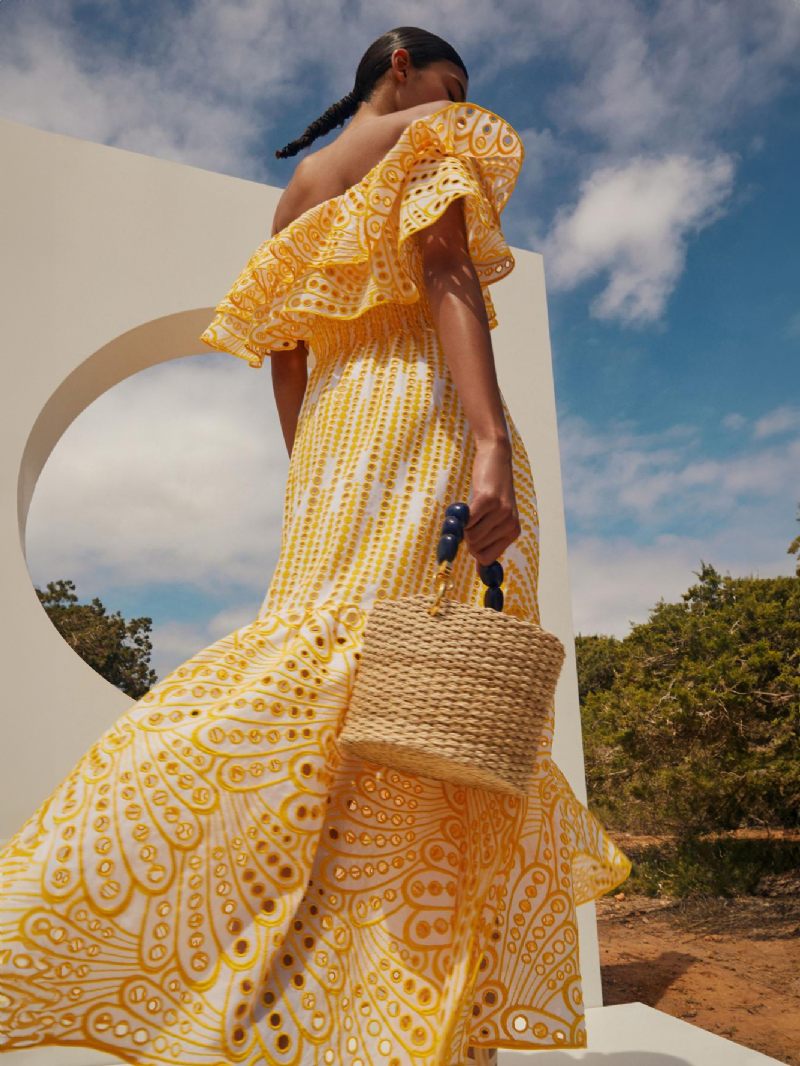 Robe Boho Pour Femmes Sans Bretelles Col Bateau Manches Dentelle Superposée D'été - Jaune