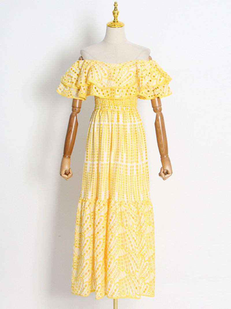 Robe Boho Pour Femmes Sans Bretelles Col Bateau Manches Dentelle Superposée D'été - Jaune