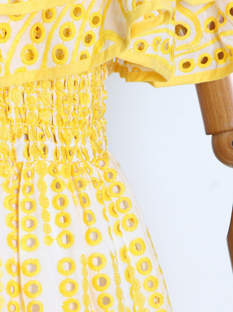 Robe Boho Pour Femmes Sans Bretelles Col Bateau Manches Dentelle Superposée D'été - Jaune