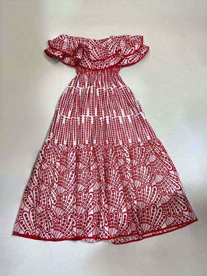 Robe Boho Pour Femmes Sans Bretelles Col Bateau Manches Dentelle Superposée D'été - Rouge