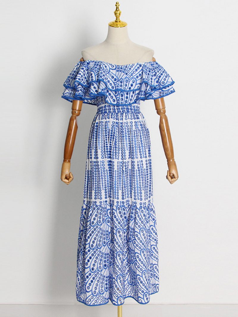 Robe Boho Pour Femmes Sans Bretelles Col Bateau Manches Dentelle Superposée D'été - Bleu Ciel Clair