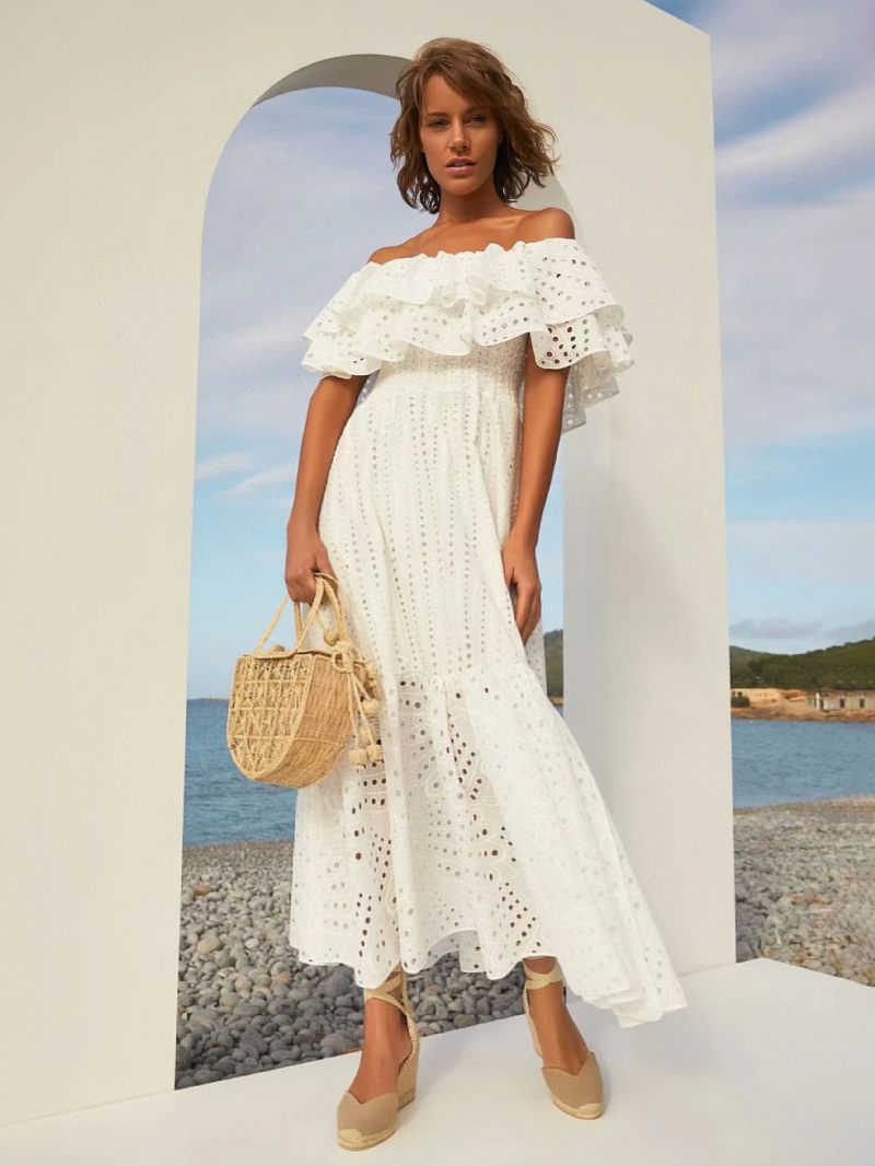 Robe Boho Pour Femmes Sans Bretelles Col Bateau Manches Dentelle Superposée D'été - Blanc