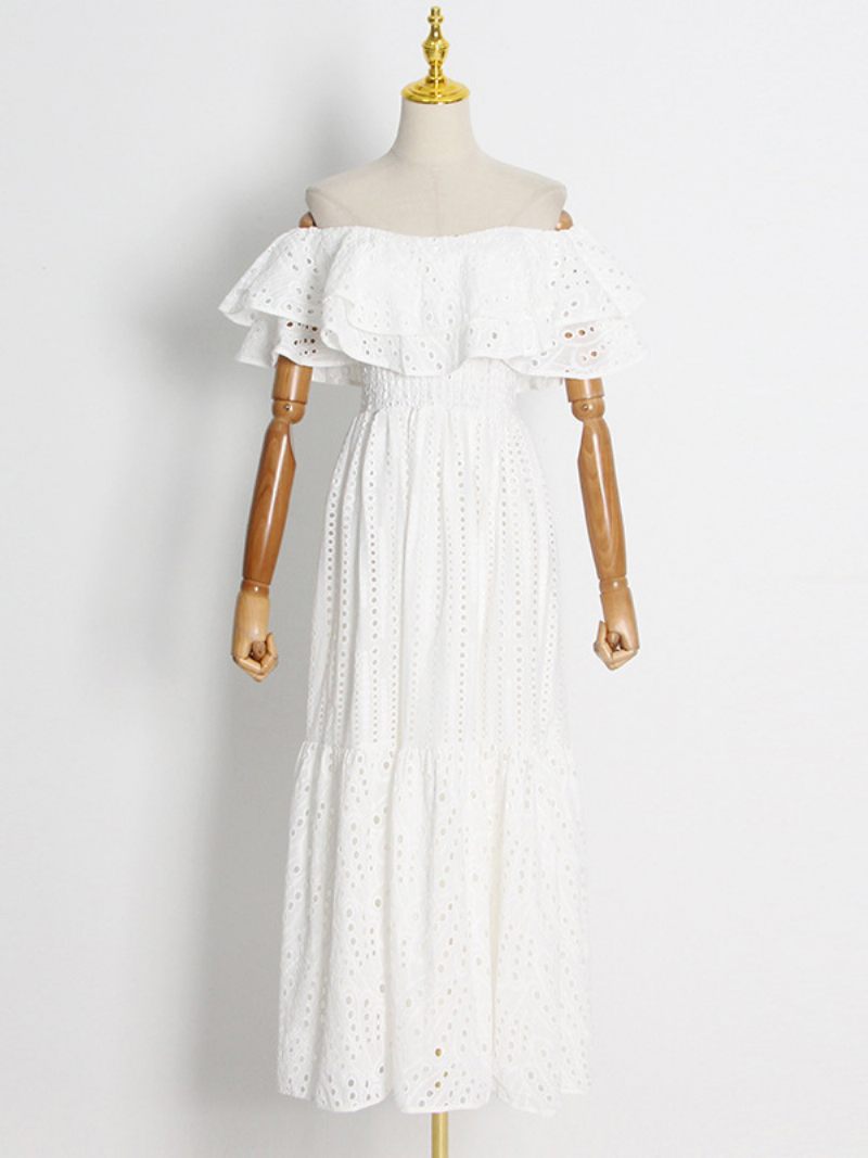 Robe Boho Pour Femmes Sans Bretelles Col Bateau Manches Dentelle Superposée D'été - Blanc