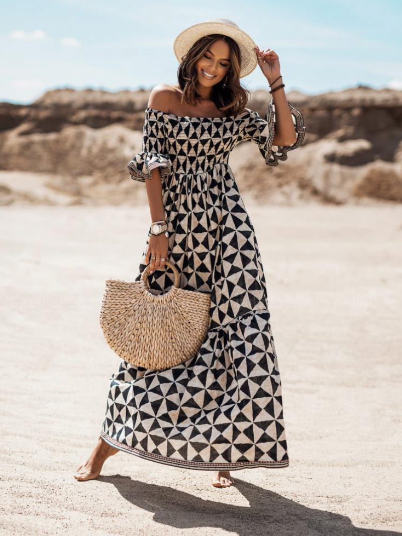 Robe Boho Pour Femmes Sans Bretelles Demi-manches Plage